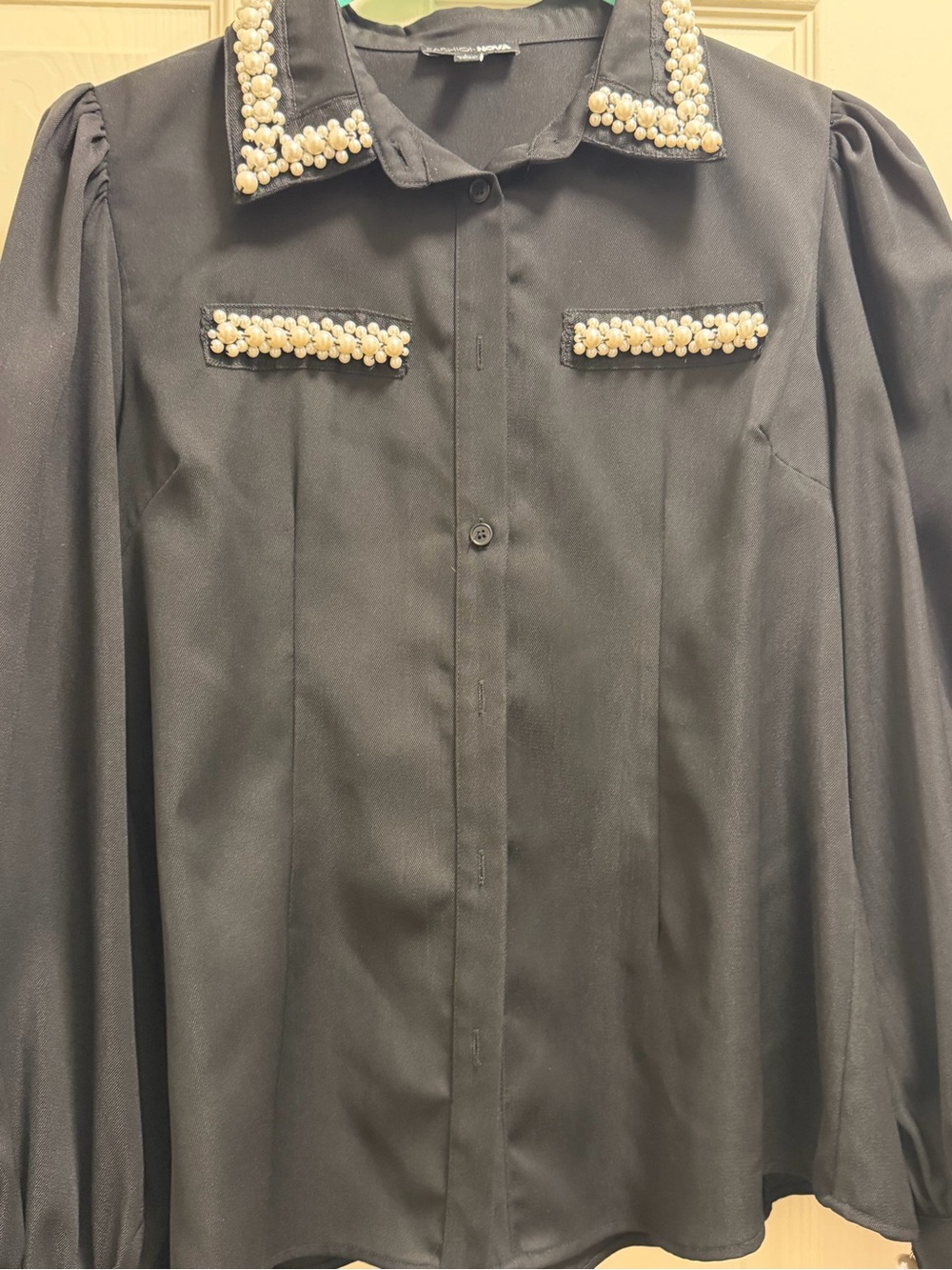 Fashion Nova Black Pearl-Trim Puff Sleeve Blouse- LIKE NEW- SIZE LARGE - Picture 3 of 7